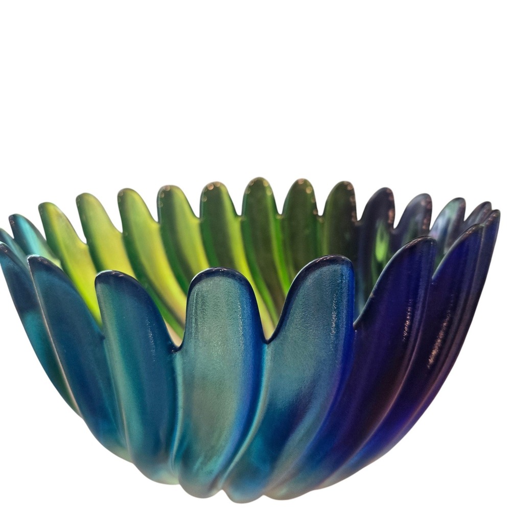 Walther Glas Germany Cobalt Teal Green Petal Glass Serving Bowl 5.5 x 9" Solaris